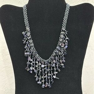 Dark Blue Micro Fleck Chip Goldstone & Midnight Blue Seed Bead Collar Necklace